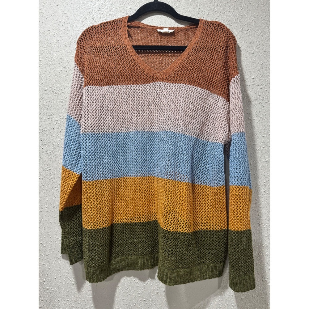 Cotton Bleu Womens‎ Small Striped Open Knit Crochet V-Neck Sweater Multi-Color